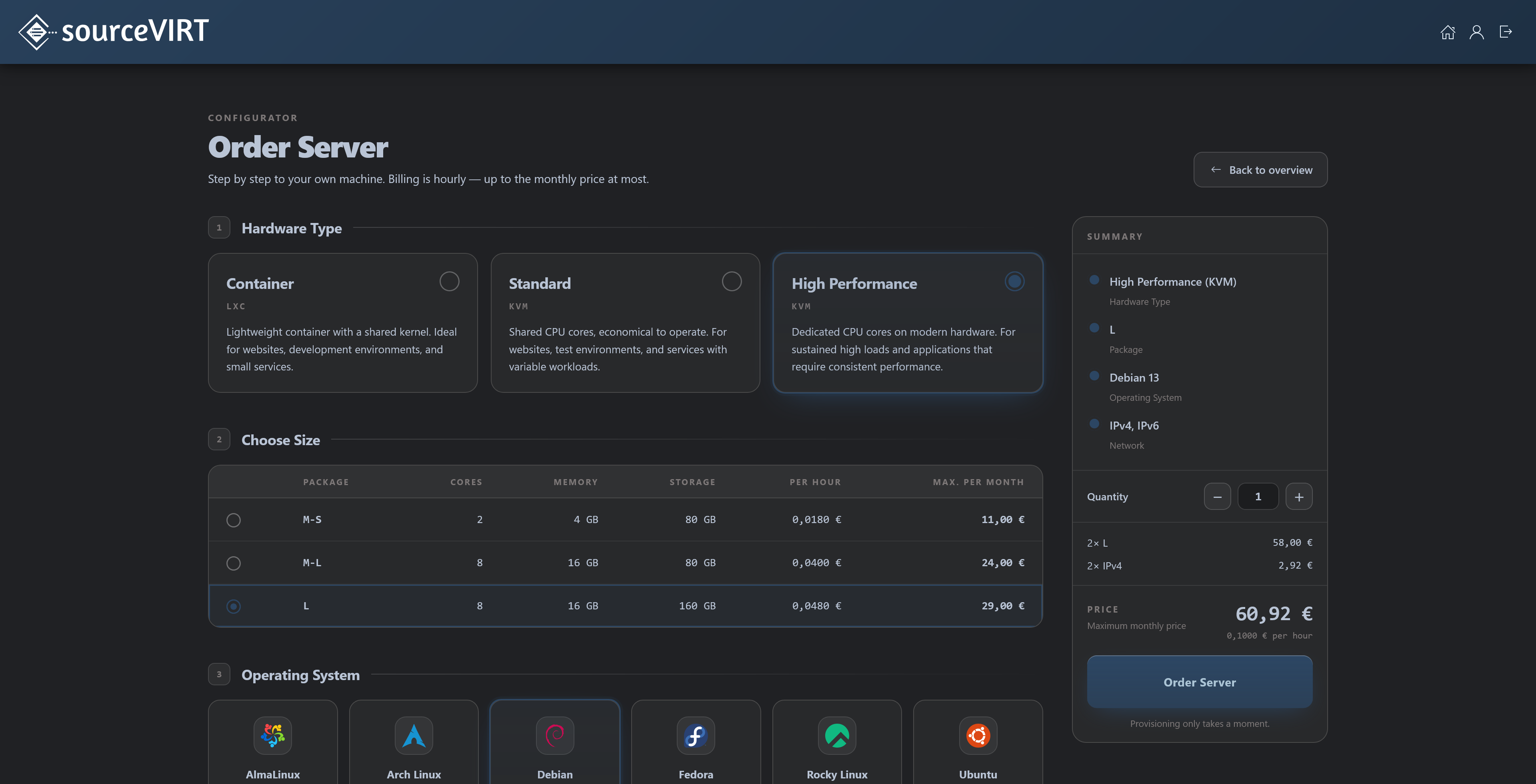 Server configurator: choosing hardware type, package size and operating system
