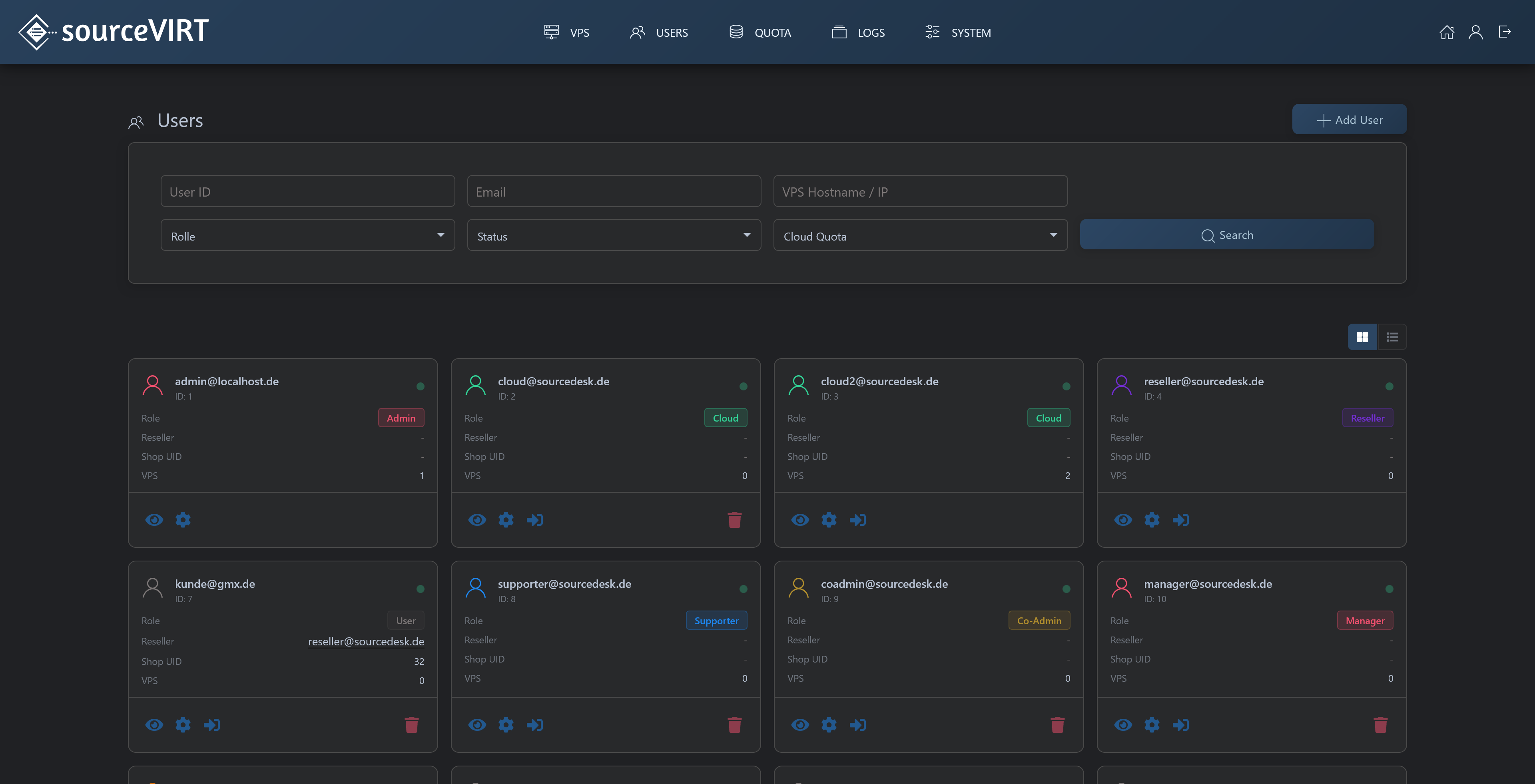 User management with roles such as Admin, Reseller, Manager and Support