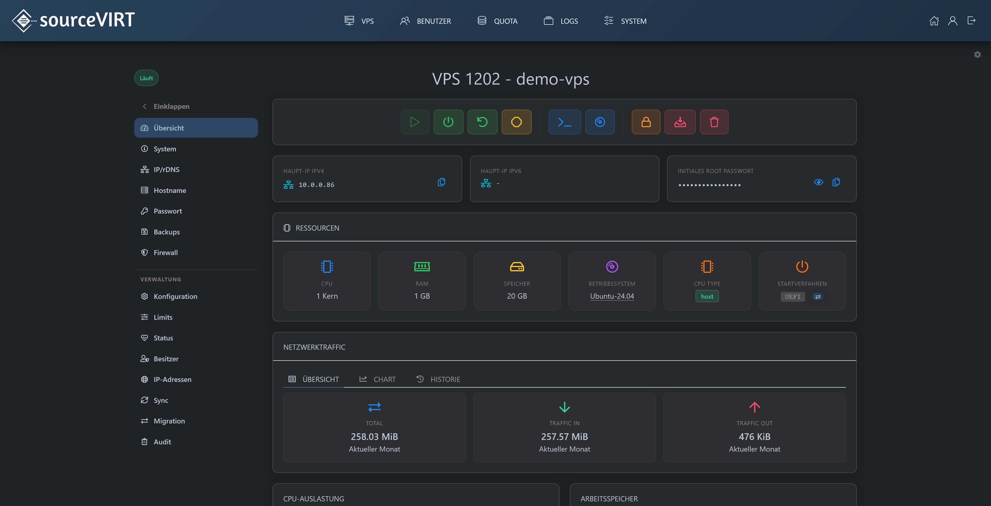 sourceVIRT VPS-Detailansicht mit Ressourcen und Netzwerktraffic