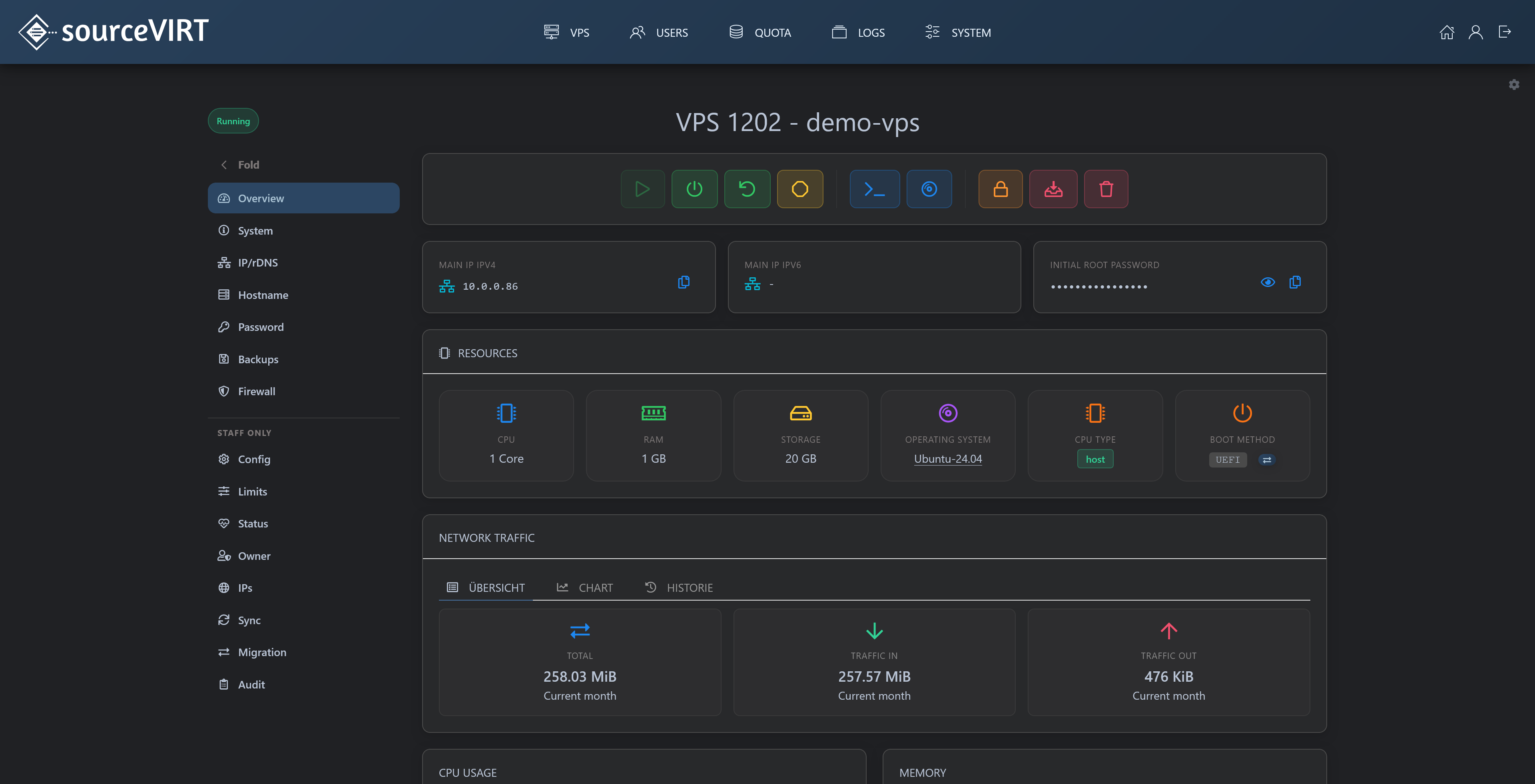 sourceVIRT VPS detail view with resources and network traffic